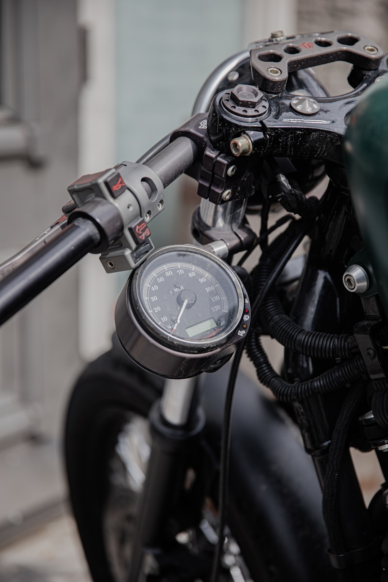 black motorcycle speedometer at 0